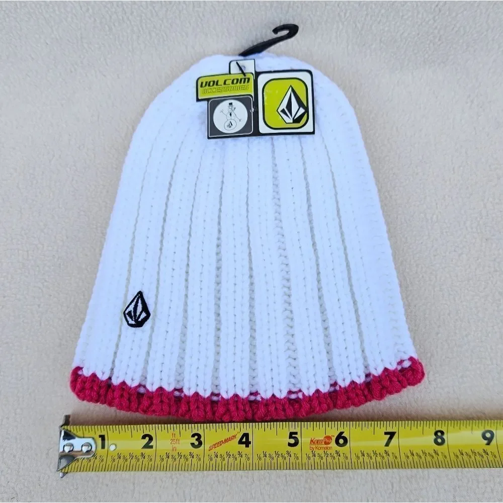 Volcom White with Hot Pink Trim Chunky Knit Beanie